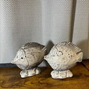 Pair of Wooden Handcarved Shelf Sitter Fish 6" White Nautical Beach Cabin Decor
